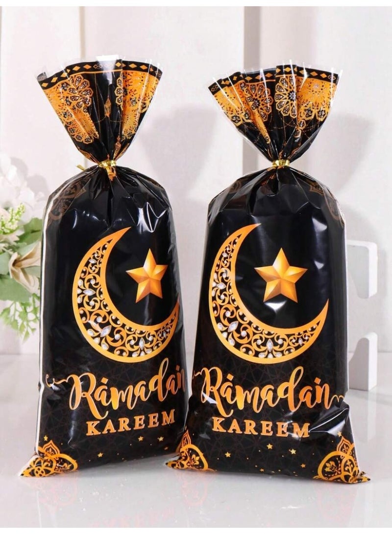 توزيعات رمضان 25 قطعة أكياس هدايا سوداء مزخرفة بالهلال والنجمة وعبارة رمضان كريم، مناسبة لتقديم الحلوى وزينة حفلات رمضان والعيد - Image 3